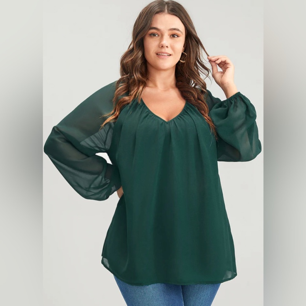 BloomChic Emerald Green V-Neck Sheer Sleeve Blouse